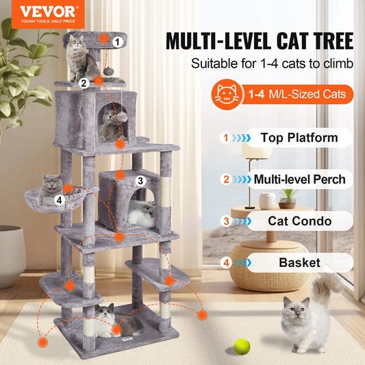 Cat Tree For Indoor Cats, 68.5" Cat Tower With 2 Cat Condos, Sisal Scratching Post, Hammock, Top Perch, Jumping Platforms, Large Cat Furniture Activity Center With Hang Ball, Light Grey