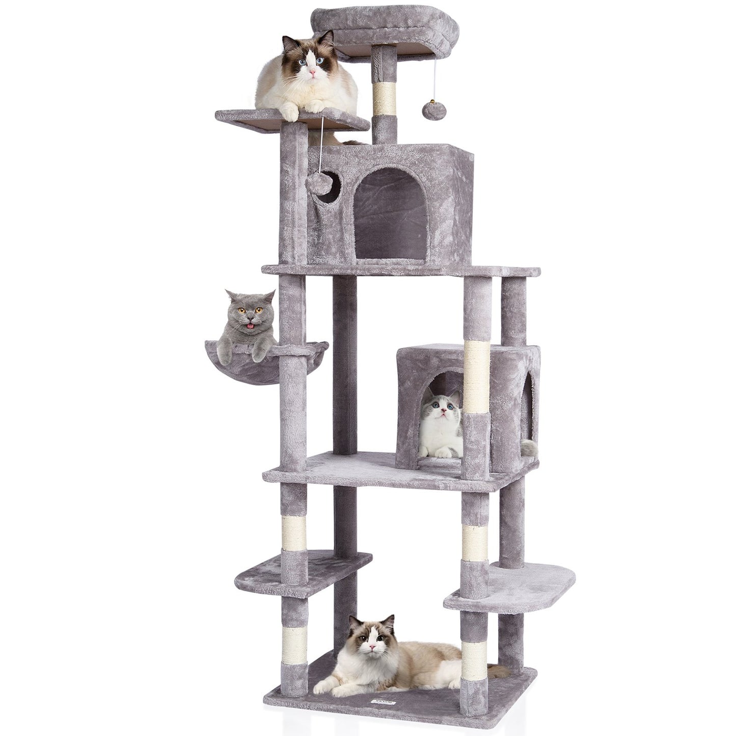 Cat Tree For Indoor Cats, 68.5" Cat Tower With 2 Cat Condos, Sisal Scratching Post, Hammock, Top Perch, Jumping Platforms, Large Cat Furniture Activity Center With Hang Ball, Light Grey