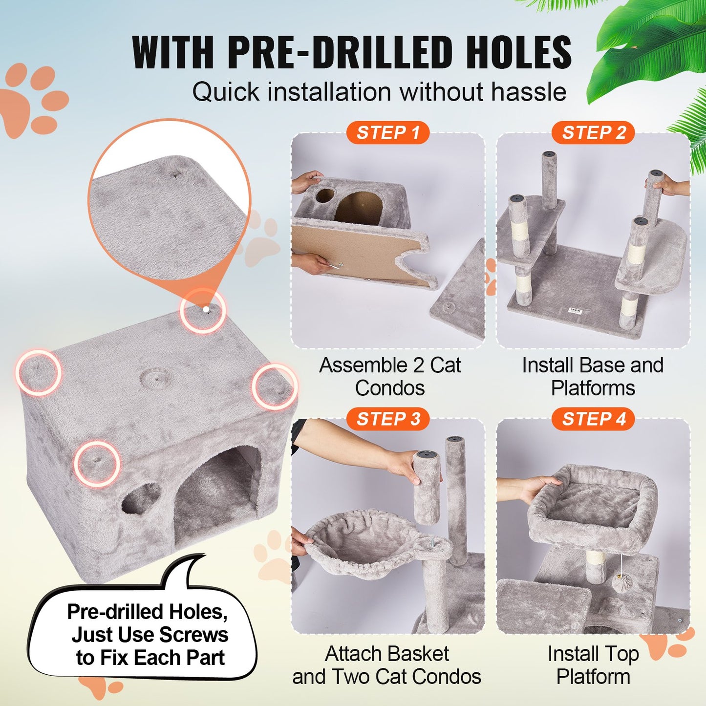 Cat Tree For Indoor Cats, 68.5" Cat Tower With 2 Cat Condos, Sisal Scratching Post, Hammock, Top Perch, Jumping Platforms, Large Cat Furniture Activity Center With Hang Ball, Light Grey